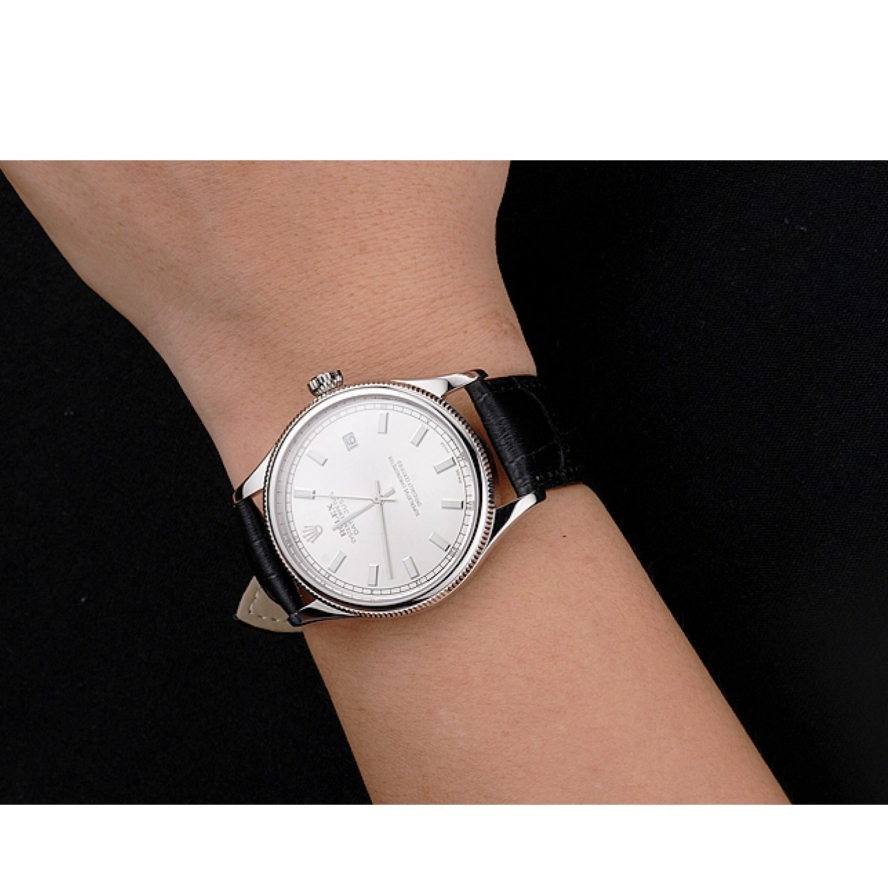 Aaa replica watch Rolex Steel Dial White Strap Stainless Leather Swiss Datejust Black Case 0803